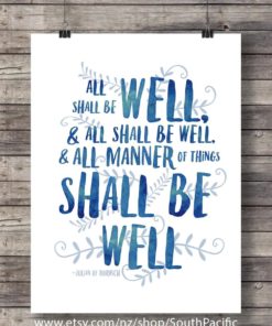 All shall be well Printable art Julian of Norwich quote print Watercolor typography lettering art print watercolor blue quote wall art