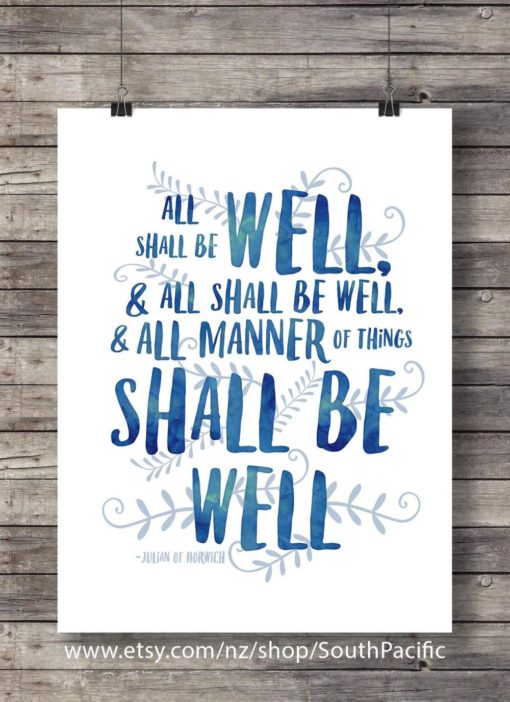 All shall be well Printable art Julian of Norwich quote print Watercolor typography lettering art print watercolor blue quote wall art