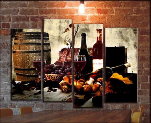 Kitchen Barrel Wine Wall Canvas Art Decor / Grape Winery Red Wine Canvas Wall Art Bottle Wine Glass Still Life Picture Painting Multi Panels