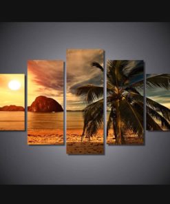 Beach Wall Art, Palm Tree Canvas Art, Sunset Artwork, 5 Piece Canvas Art, Seascape Canvas Set, Ocean Sea Print, Multi Panel Beach, Office