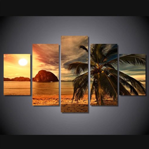 Beach Wall Art, Palm Tree Canvas Art, Sunset Artwork, 5 Piece Canvas Art, Seascape Canvas Set, Ocean Sea Print, Multi Panel Beach, Office