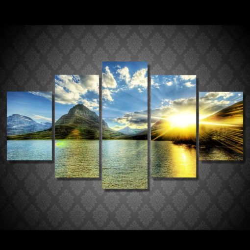 Sunset Canvas Art, Sunset Wall Art, Sunset Wall Decor, Sunset Behind Mountain 5 Piece Canvas Prints, Framed