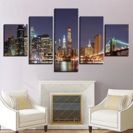 Brooklyn Wall Art, Brooklyn Canvas Art, Brooklyn by night 5 Piece Canvas Print, Brooklyn City View, Brooklyn cityscape, Framed Canvas Art