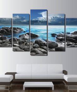 Beach Water Canvas Art, Rocky Shore Wall Art, Emerald Water 5 Piece Canvas Print, Beach Wall Decor, Framed