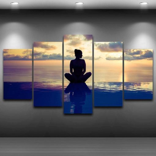 Yoga Canvas Art,  Yoga Wall Art,  Yoga by the Pool 5 Piece Canvas,  Yoga Wall Decor, Yoga Framed Canvas
