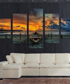 Beach Wall Art, Sunset Canvas Art, Beach Wall Decor, Boat by The Beach 5 Piece Canvas Print, Boat Wall Art, Boat Wall Decor, Framed Print