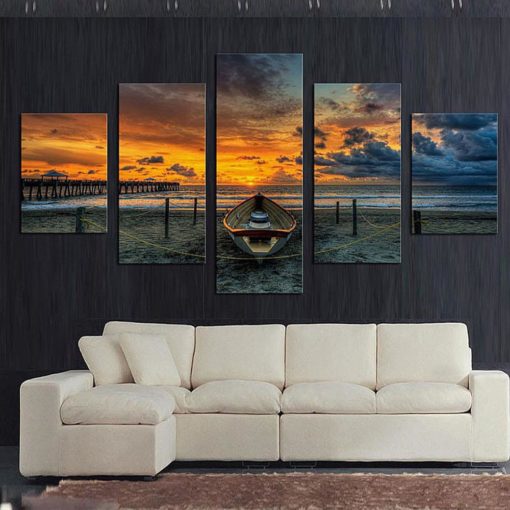 Beach Wall Art, Sunset Canvas Art, Beach Wall Decor, Boat by The Beach 5 Piece Canvas Print, Boat Wall Art, Boat Wall Decor, Framed Print