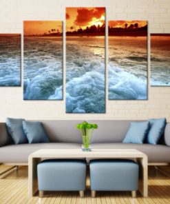 Beach Wall Art, Beach Wall Decor, Beach Canvas Art, Wave Foam 5 Piece Canvas Print, Beach Painting, Sunset on Beach Framed Wall Art