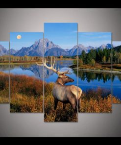 Deer Lake Wall Art, Deer Lake Wall Decor, Deer By the Lake Canvas Art, Deer Lake 5 Piece Canvas Print, Rustic Wall Art, Framed