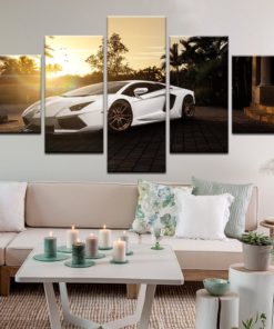 White Lamborghini Wall Art, Lamborghini Wall Decor, Lamborghini Canvas Art, Lamborghini By the Sunset 5 Piece Canvas Print, Car Framed Art
