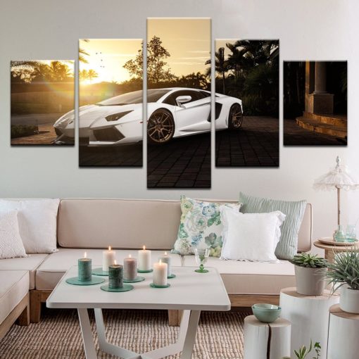 White Lamborghini Wall Art, Lamborghini Wall Decor, Lamborghini Canvas Art, Lamborghini By the Sunset 5 Piece Canvas Print, Car Framed Art