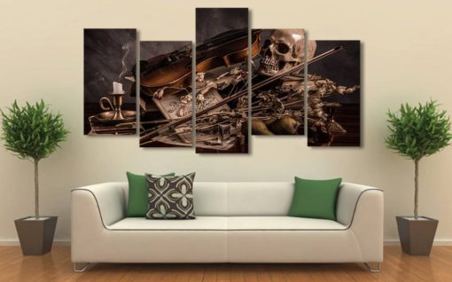 Skull Wall Art, Skull Canvas Art, Skull Wall Decor, Classic Violin Skull Canvas Print, 5 Piece Canvas Print, Pirates Canvas Art, Framed