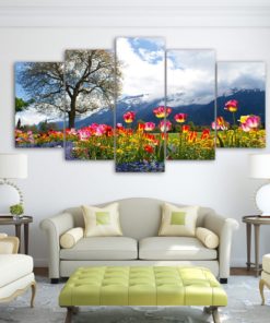 Tulips Wall Art,Tulips Wall Decor, Tulips Painting, Tulips in Mountain 5 Piece Canvas Print, Mountain Wall Art, Mountain Wall Decor, Framed