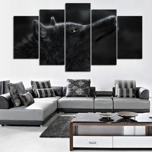 Large Wolf Wall Art, Wolf Painting, Black Wolf into the Night, Animal Wall Decor, Multi Panel Wolf Canvas Art, Framed