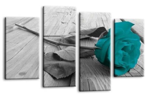 Floral Teal Rose Picture Print Home Love Canvas Wall Art Split 4 Panel