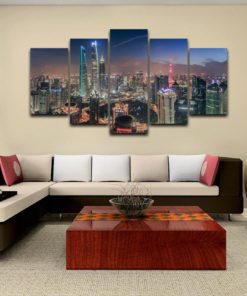 City View Wall Art, City View Wall Decor, City view Canvas Art, Shangai City View 5 Piece Canvas Print, City View Painting, Framed