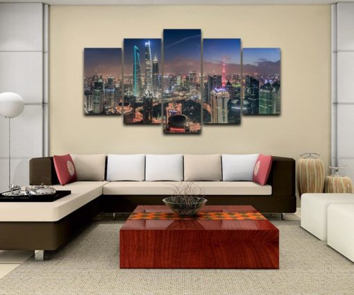 City View Wall Art, City View Wall Decor, City view Canvas Art, Shangai City View 5 Piece Canvas Print, City View Painting, Framed
