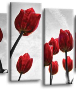 Floral Red Tulips Flower Art Picture Print Home Flower Wall Canvas Split Multi 4 Panel