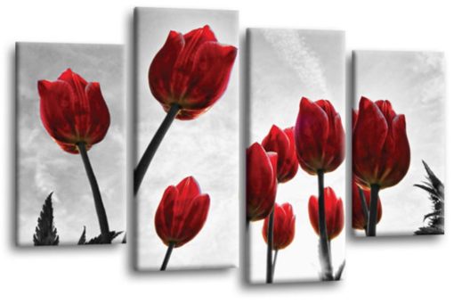 Floral Red Tulips Flower Art Picture Print Home Flower Wall Canvas Split Multi 4 Panel