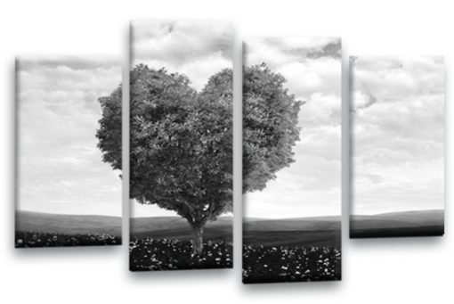 Floral Abstract Love Heart Tree Picture Print Grey White Flower Canvas Wall Art Split 4 Panel