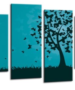 Floral Abstract Butterfly Love Heart Tree Picture Print Teal Black Flower Canvas Wall Art Split 4 Panel