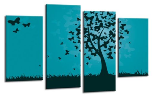 Floral Abstract Butterfly Love Heart Tree Picture Print Teal Black Flower Canvas Wall Art Split 4 Panel