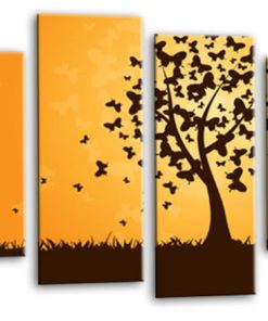 Floral Abstract Butterfly Love Heart Tree Picture Print Orange Black Flower Canvas Wall Art Split 4 Panel