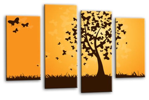 Floral Abstract Butterfly Love Heart Tree Picture Print Orange Black Flower Canvas Wall Art Split 4 Panel