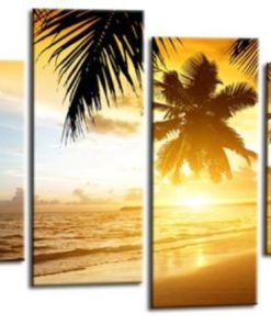 Sunset Island Canvas Wall Art Picture Orange Cream Grey Tropical Palm Trees Beach Print Split 4 Panel