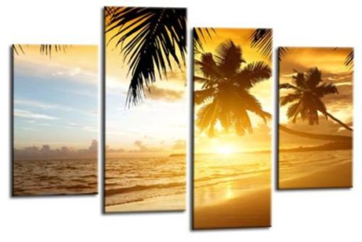 Sunset Island Canvas Wall Art Picture Orange Cream Grey Tropical Palm Trees Beach Print Split 4 Panel