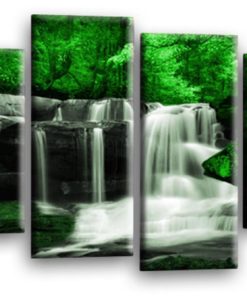 Waterfall Forest Canvas Art Picture Green Grey Black White Trees Wall Print Split 4 Panel