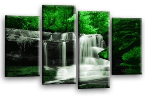 Waterfall Forest Canvas Art Picture Green Grey Black White Trees Wall Print Split 4 Panel