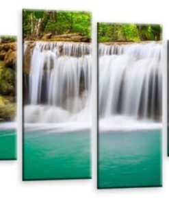 Waterfall Forest Canvas Art Picture Teal Grey Black White Trees Wall Print Split 4 Panel
