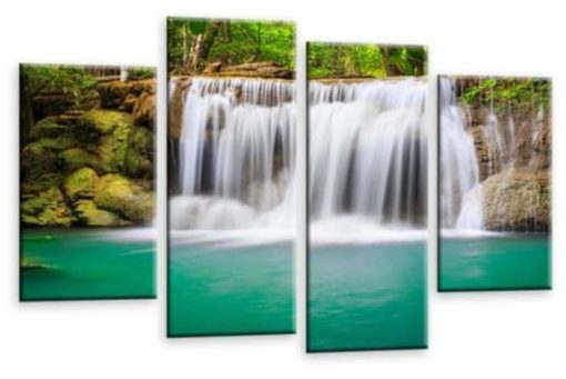 Waterfall Forest Canvas Art Picture Teal Grey Black White Trees Wall Print Split 4 Panel