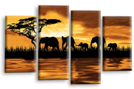 Sunset Elephants Canvas Wall Art Picture Brown Cream Grey Black Water Reflection Animals Print Split 4 Panel