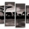 Sunset Elephants Canvas Wall Art Picture Grey Black White Water Reflection Animals Print Split 4 Panel