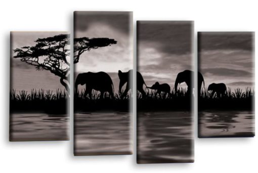 Sunset Elephants Canvas Wall Art Picture Grey Black White Water Reflection Animals Print Split 4 Panel