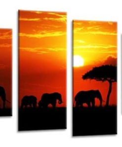 Sunset Elephants Canvas Wall Art Picture Yellow Orange Red African Animals Print Split 4 Panel RH