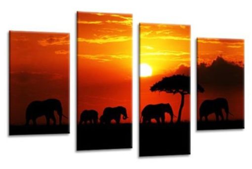 Sunset Elephants Canvas Wall Art Picture Yellow Orange Red African Animals Print Split 4 Panel RH