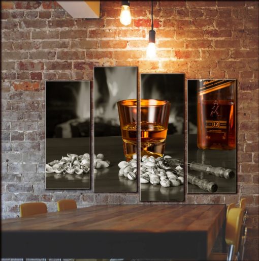 Whisky Wall Art Decor, Large Picture on Canvas Panels Pieces, Whisky Glass and Bottle Painting, Kitchen Wall Art Picture Poster Print