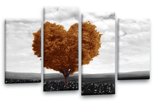 Floral Abstract Love Heart Tree Picture Print Brown Grey White Flower Canvas Wall Art Split 4 Panel