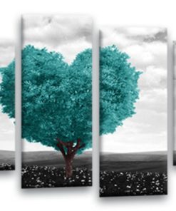 Floral Abstract Love Heart Tree Picture Print Teal Grey White Flower Canvas Wall Art Split 4 Panel