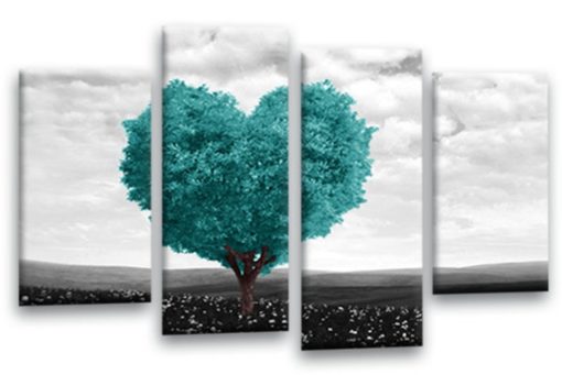 Floral Abstract Love Heart Tree Picture Print Teal Grey White Flower Canvas Wall Art Split 4 Panel