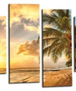 Sunset Island Canvas Wall Art Picture Orange Cream Grey Tropical Palm Trees Beach Print Split 4 Panel
