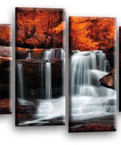 Waterfall Forest Canvas Art Picture Orange Grey Black White Trees Wall Print Split 4 Panel