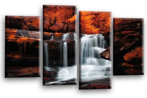 Waterfall Forest Canvas Art Picture Orange Grey Black White Trees Wall Print Split 4 Panel