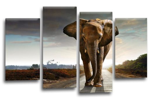 Sunset Elephants Canvas Wall Art Picture Brown Grey Black African Animals Print Split 4 Panel