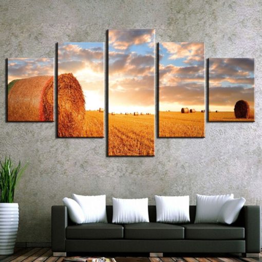 Field Wall Art, Wheat Field Painting, Farm Wall Decor, Hay Bale , Rural Wall Decor, Harvest Mural, Split Canvas, Large Framed