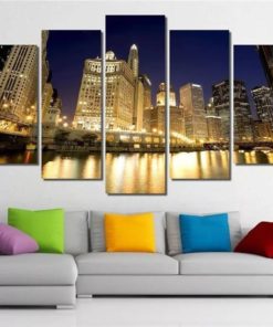 Chicago painting, Chicago Wall Art, chicago Buildings, 5 panel, Split Canvas, Cityscape Mural, City Large Framed Wall Decor, City View
