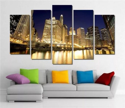 Chicago painting, Chicago Wall Art, chicago Buildings, 5 panel, Split Canvas, Cityscape Mural, City Large Framed Wall Decor, City View